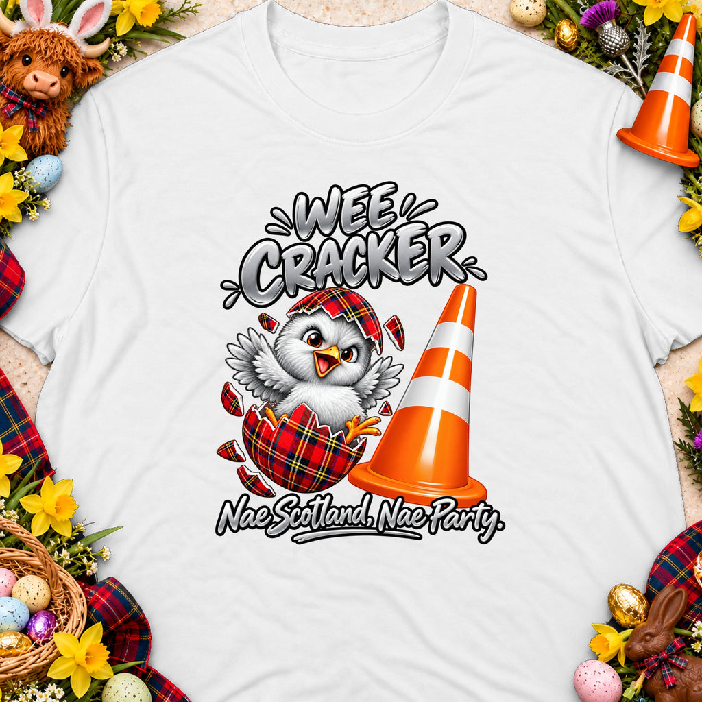 White t-shirt with a chick hatching from a tartan egg, text "Wee Cracker" and "Nae Scotland, Nae Party."