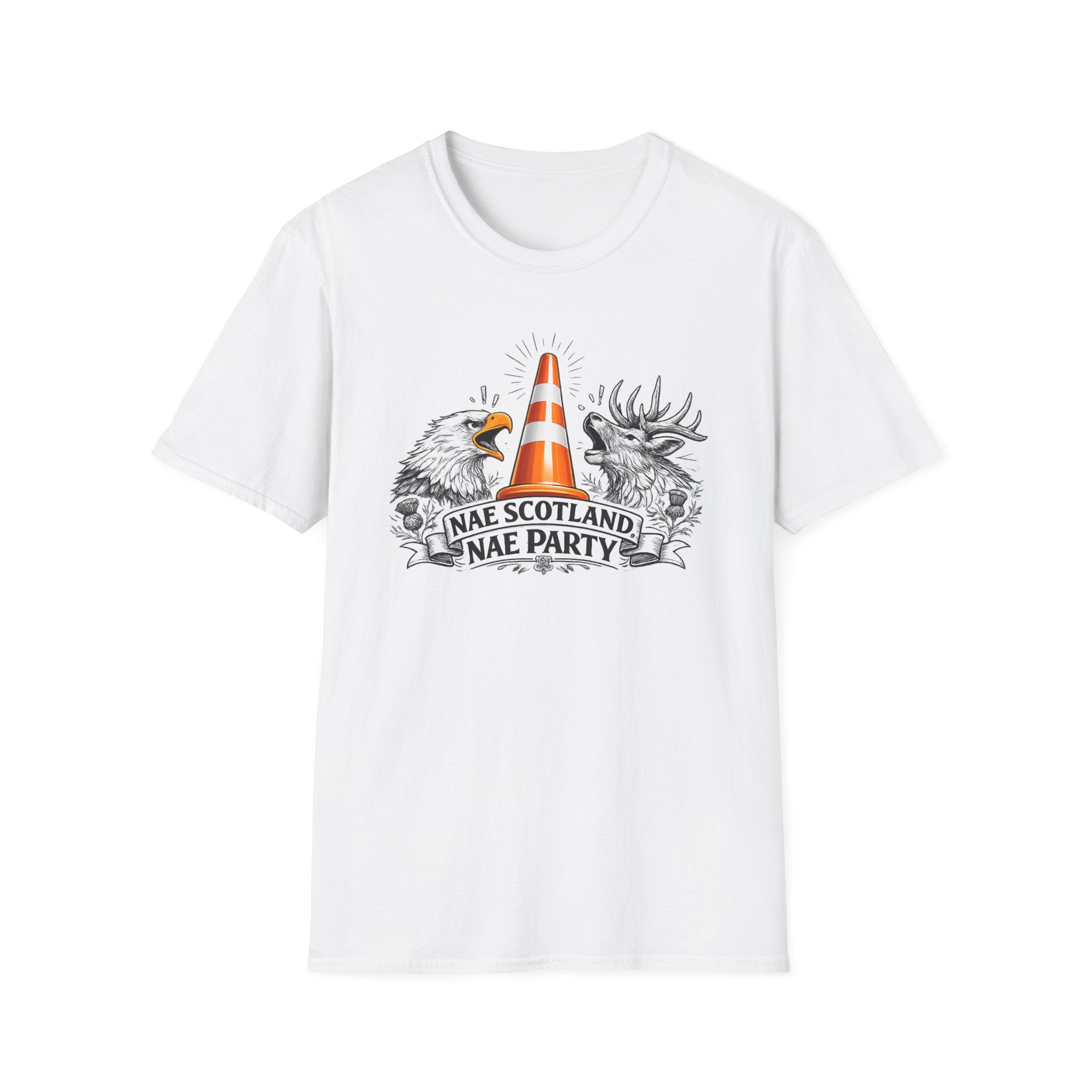 Nae Scotland, Nae Party – Eagle & Highland Stag Cone T-Shirt