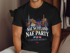 Black t-shirt with Las Vegas skyline and "Nae Scotland Nae Party" text.