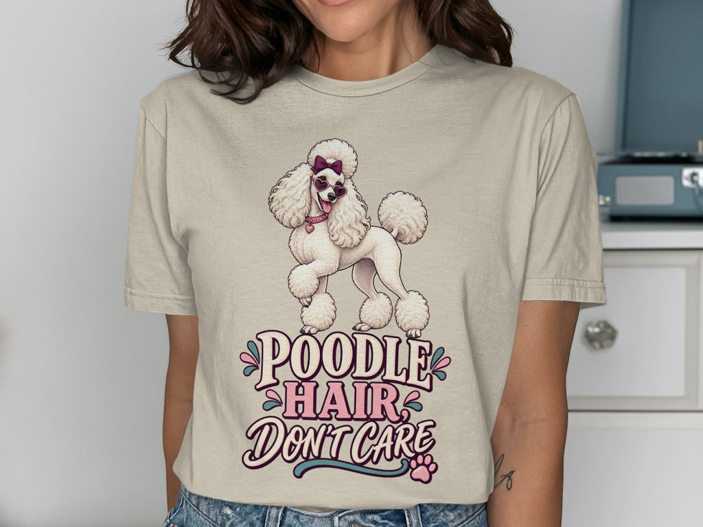 White poodle with pink heart sunglasses and bow, "Poodle Hair Don't Care".