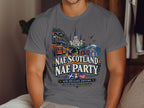 T-shirt graphic with New Orleans scene, band, and text "Nae Scotland Nae Party".