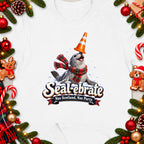 Seal wearing scarf and traffic cone, with text Seal-ebrate Nae Scotland, Nae Party.