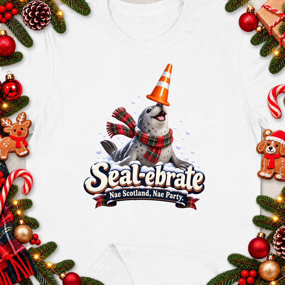 Seal wearing scarf and traffic cone, with text Seal-ebrate Nae Scotland, Nae Party.
