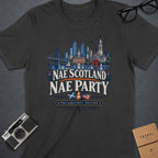 T-shirt with Philadelphia skyline, text "Nae Scotland Nae Party".