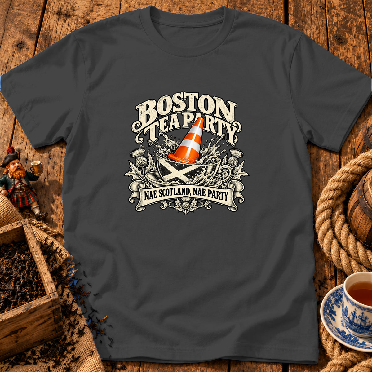 Charcoal t-shirt featuring a graphic with a traffic cone in a teacup and text reading Boston Tea Party Nae Scotland, Nae Party.