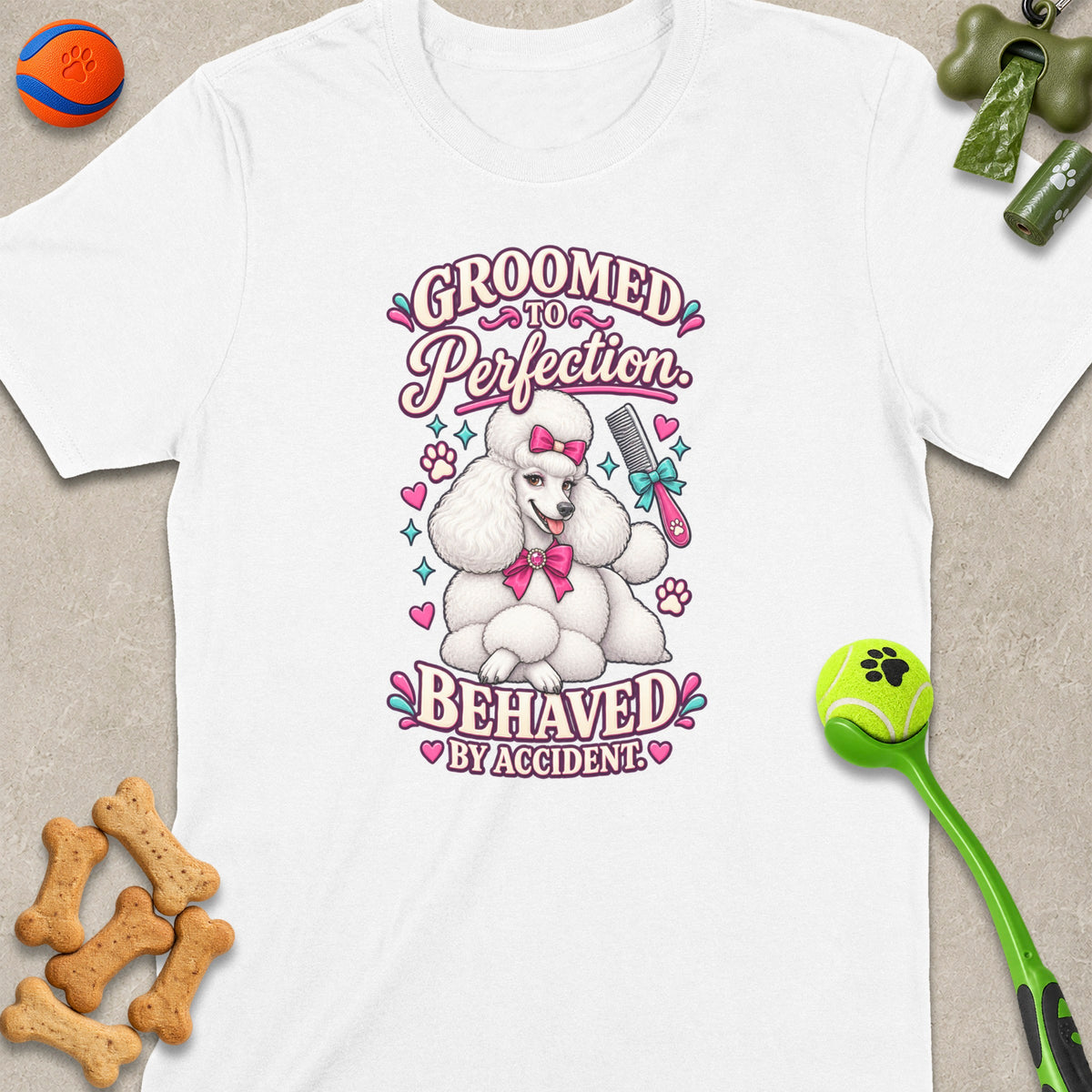 White t-shirt with a graphic of a poodle saying "Groomed to Perfection. Behaved by Accident."