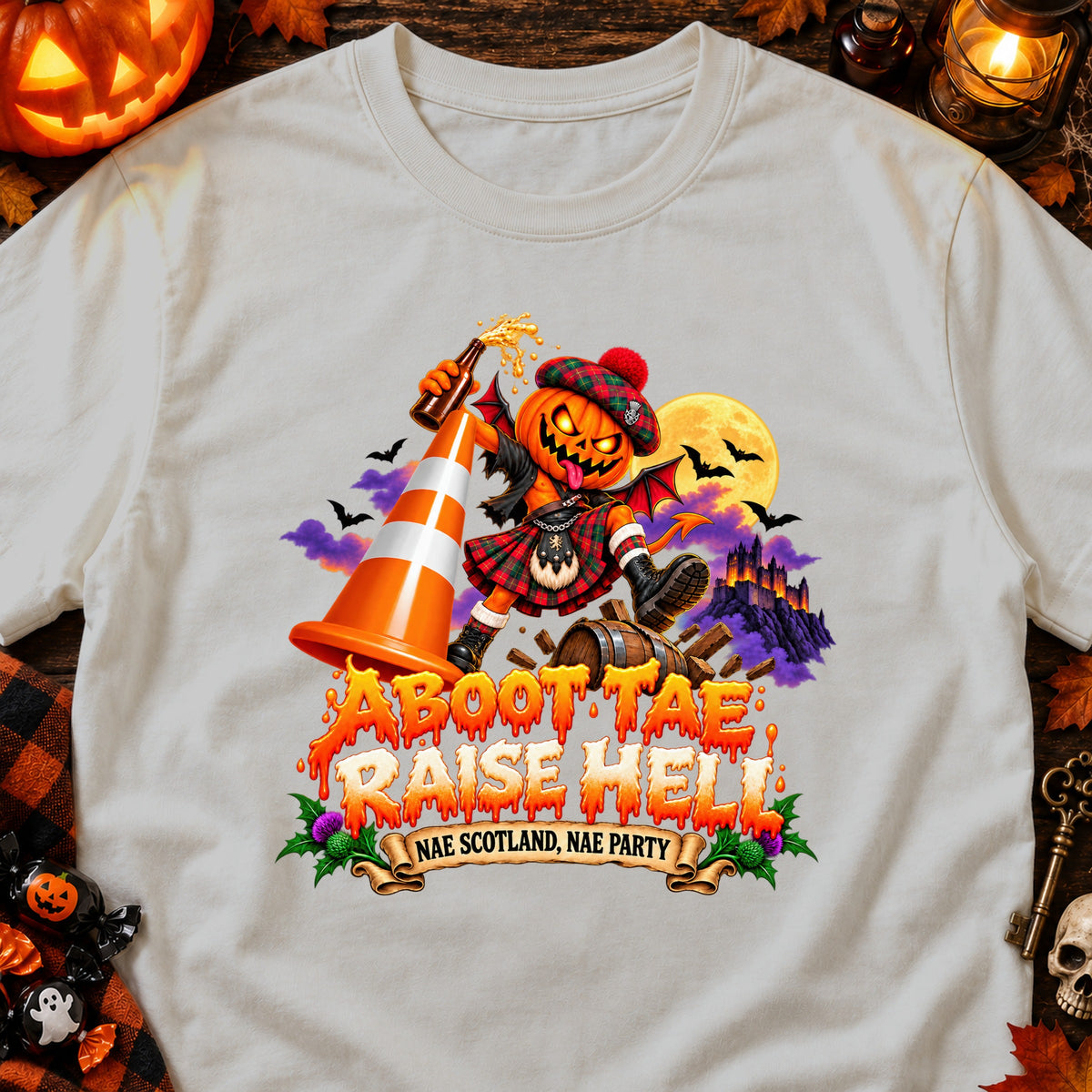 Pumpkin character in kilt with text "Aboot Tae Raise Hell Nae Scotland, Nae Party".