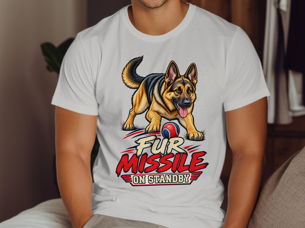 German Shepherd with ball and text "Fur Missile On Standby" on t-shirt.