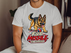 German Shepherd with ball and text "Fur Missile On Standby" on t-shirt.