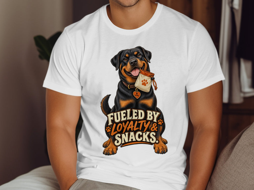 Rottweiler dog with a treat bag, text reads "Fueled by Loyalty & Snacks."