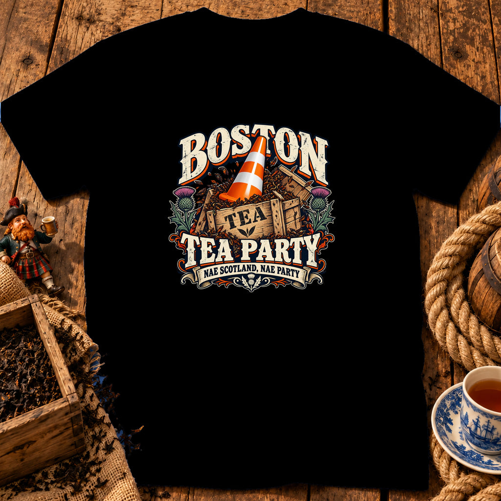 Black t-shirt featuring a graphic with a tea crate, traffic cone, and text reading Boston Tea Party.