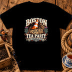 Black t-shirt featuring a graphic with a tea crate, traffic cone, and text reading Boston Tea Party.