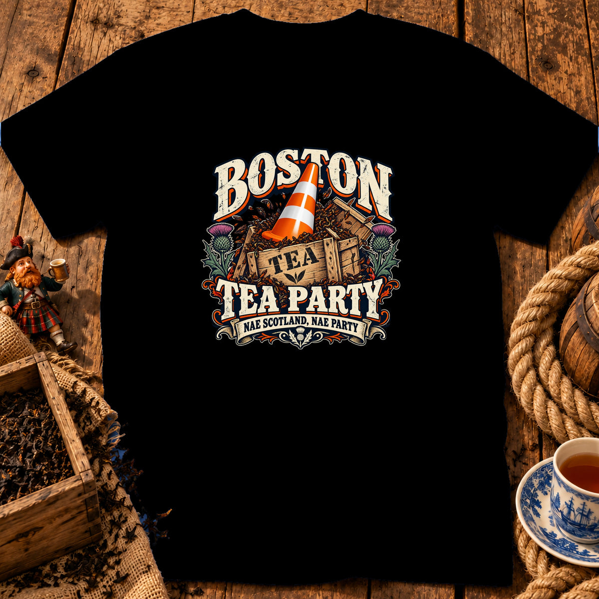 Black t-shirt featuring a graphic with a tea crate, traffic cone, and text reading Boston Tea Party.