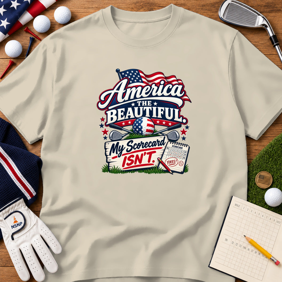 Beige t-shirt featuring a patriotic golf graphic that says America the Beautiful My Scorecard Isn’t.
