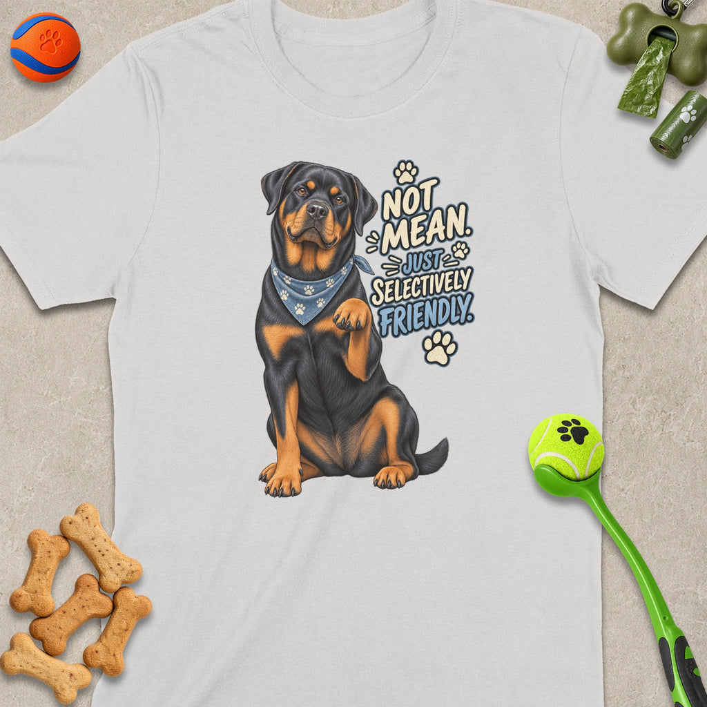 Rottweiler with bandana saying "Not Mean, Just Selectively Friendly."