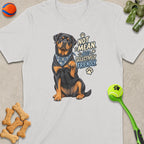 Rottweiler with bandana saying "Not Mean, Just Selectively Friendly."