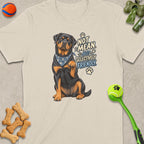 Rottweiler wearing bandana with text "not mean just selectively friendly"