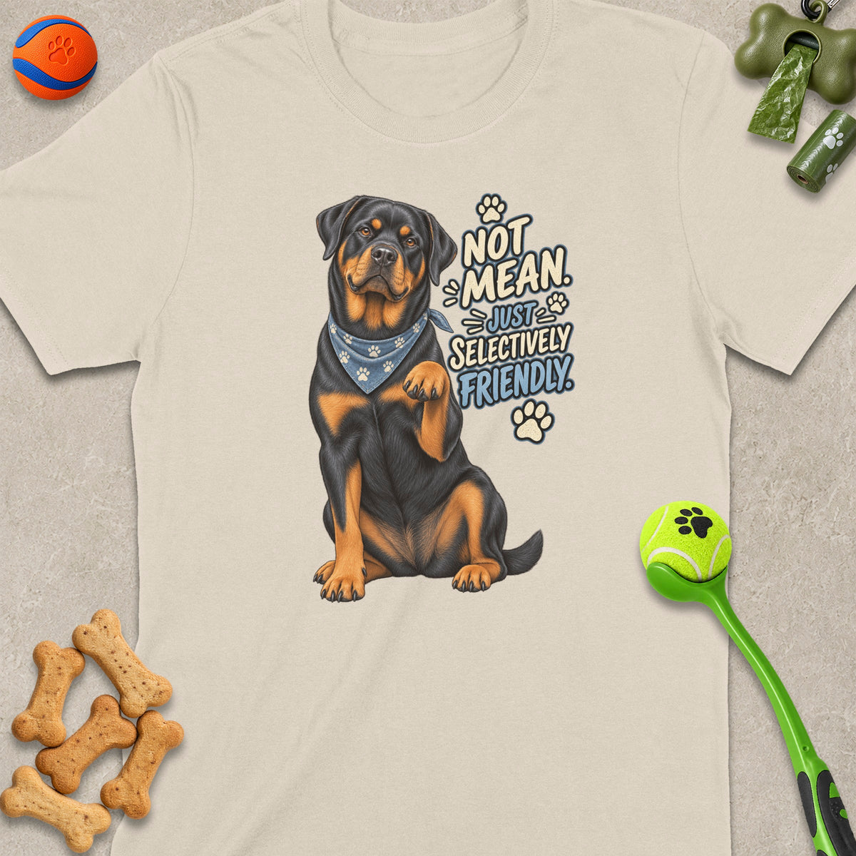 Rottweiler wearing bandana with text "not mean just selectively friendly"