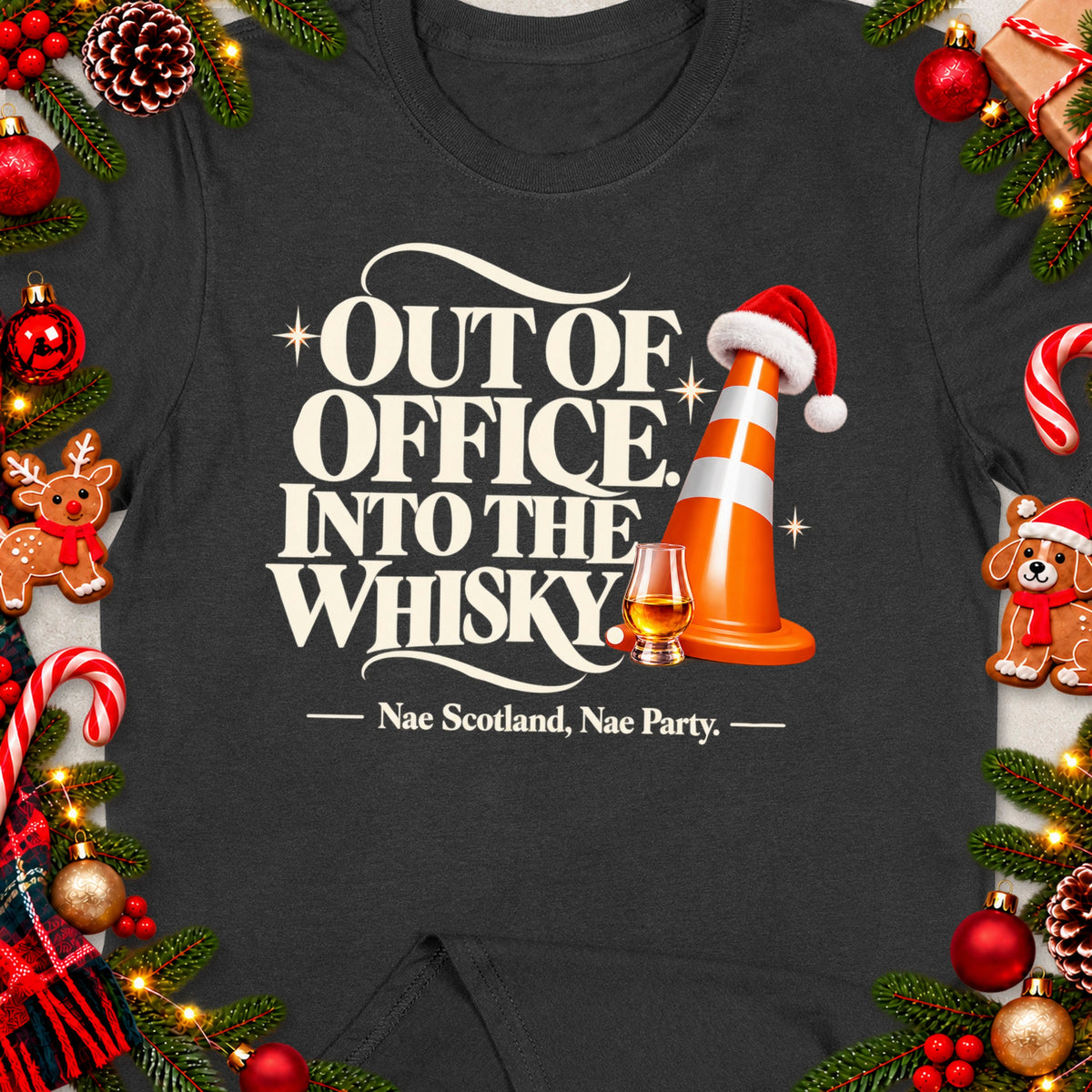 Dark t-shirt with "Out of Office Into the Whisky" text and Christmas decor.