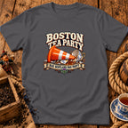 Charcoal t-shirt featuring a humorous graphic of a traffic cone crushing a teacup with Boston Tea Party text.