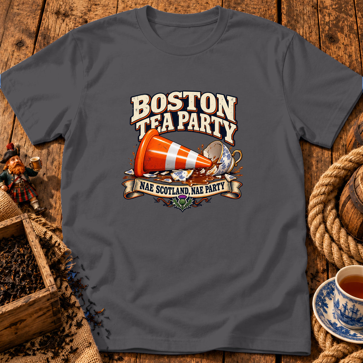 Charcoal t-shirt featuring a humorous graphic of a traffic cone crushing a teacup with Boston Tea Party text.