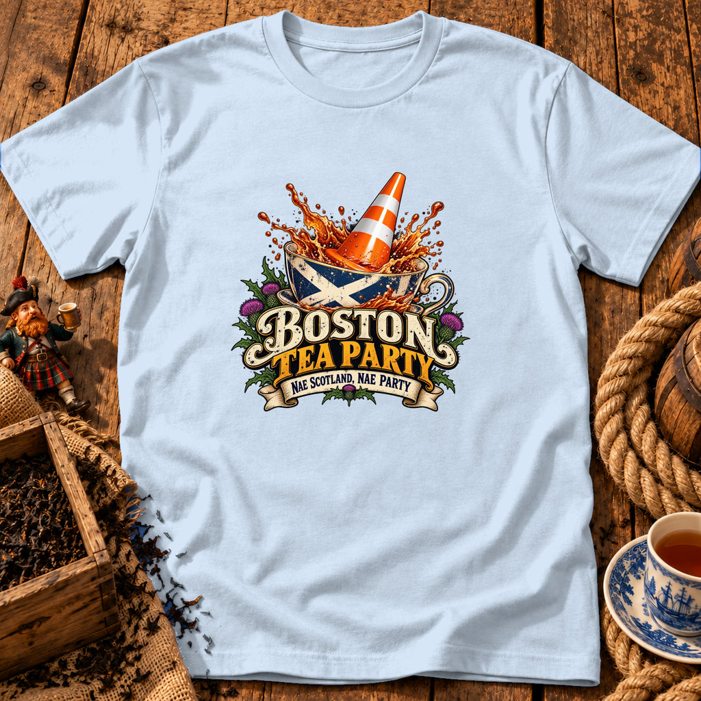 A light blue t-shirt with a graphic of a teacup, traffic cone, and Boston Tea Party text.