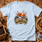 A light blue t-shirt with a graphic of a teacup, traffic cone, and Boston Tea Party text.