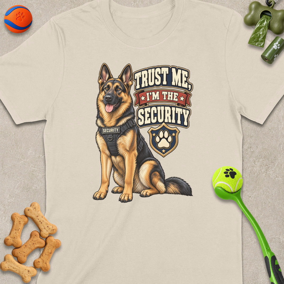 German Shepherd wearing a security vest with text "Trust Me, I'm The Security".