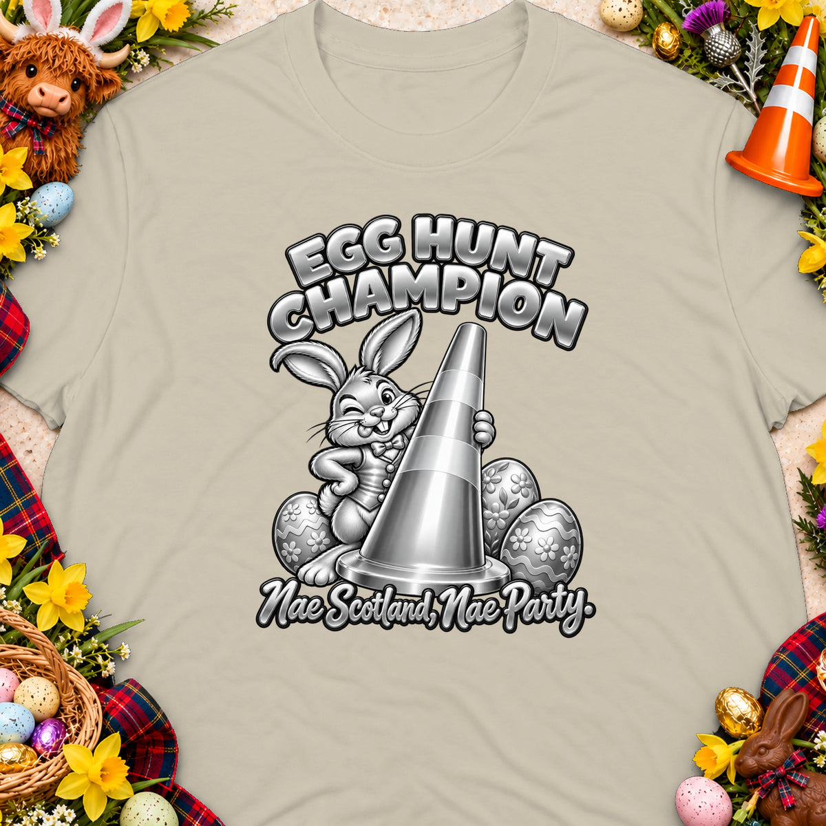 Bunny with cone, eggs, and text "Egg Hunt Champion Nae Scotland, Nae Party."