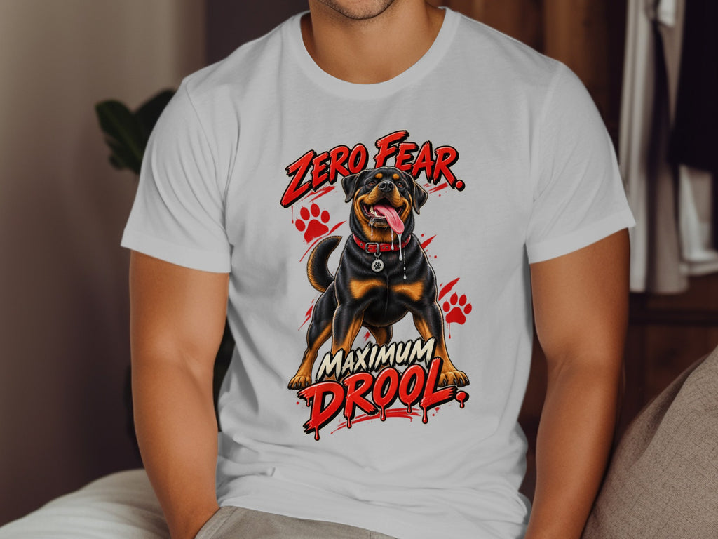 White t-shirt with a Rottweiler illustration and the text "Zero Fear. Maximum Drool."