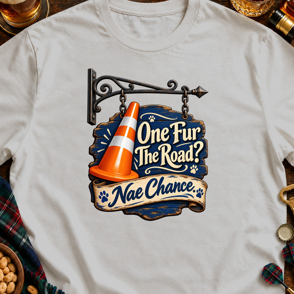 White t-shirt with a vintage sign graphic reading "One Fur The Road? Nae Chance."