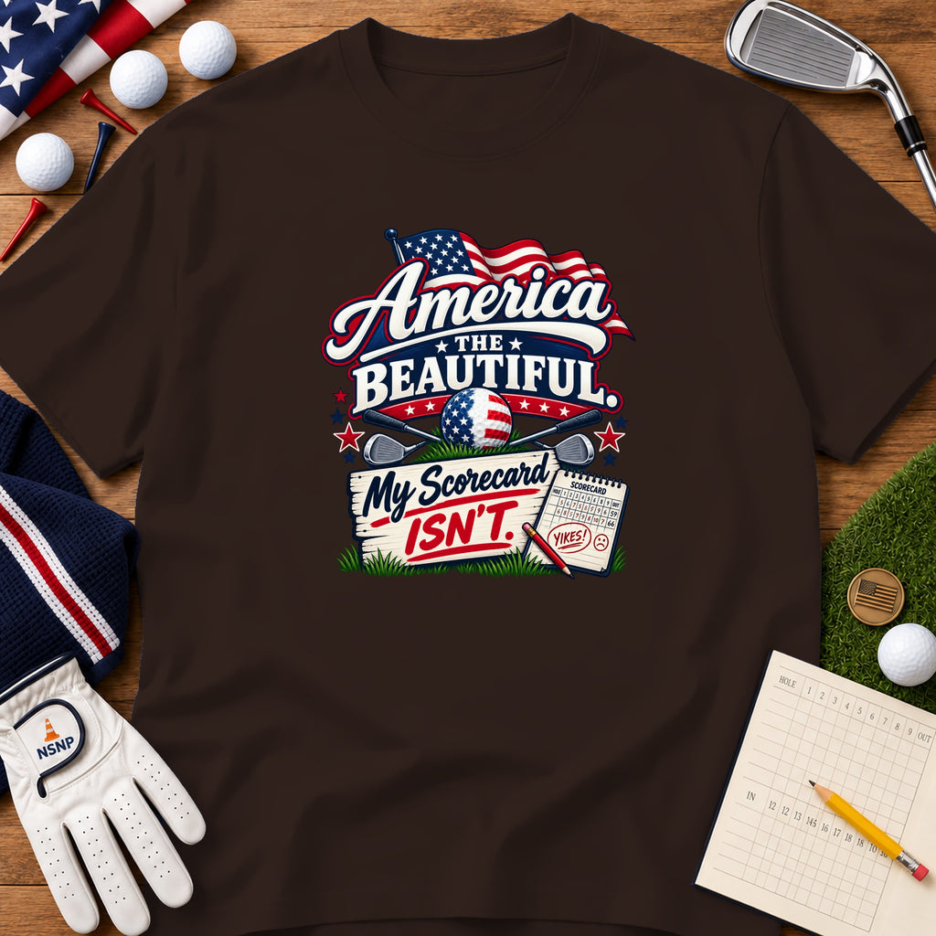 A dark brown t-shirt featuring a golf-themed patriotic graphic with American flags and golf clubs.
