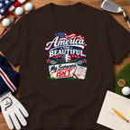 A dark brown t-shirt featuring a golf-themed patriotic graphic with American flags and golf clubs.
