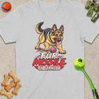 German Shepherd with "Fur Missile On Standby" text and dog toys.