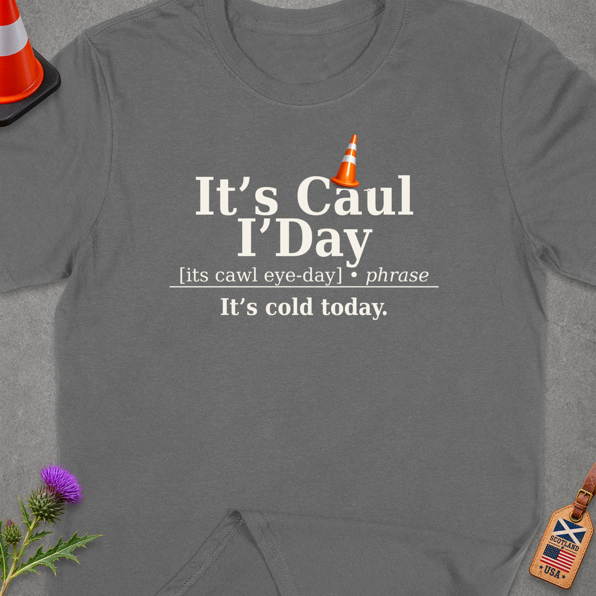Gray t-shirt with "It's Caul I'Day" and "It's cold today." text.