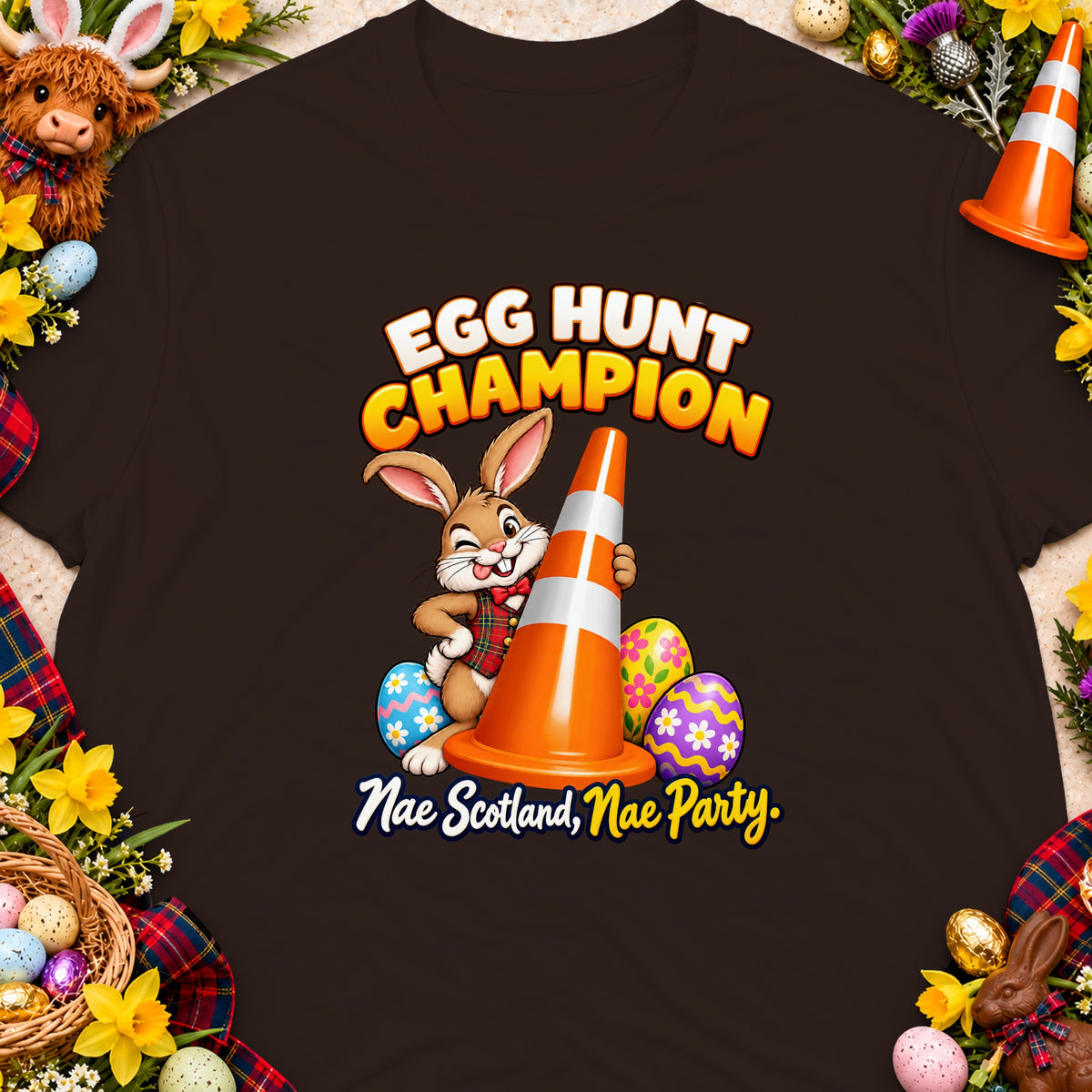 A cartoon rabbit holds an orange traffic cone next to Easter eggs with text.