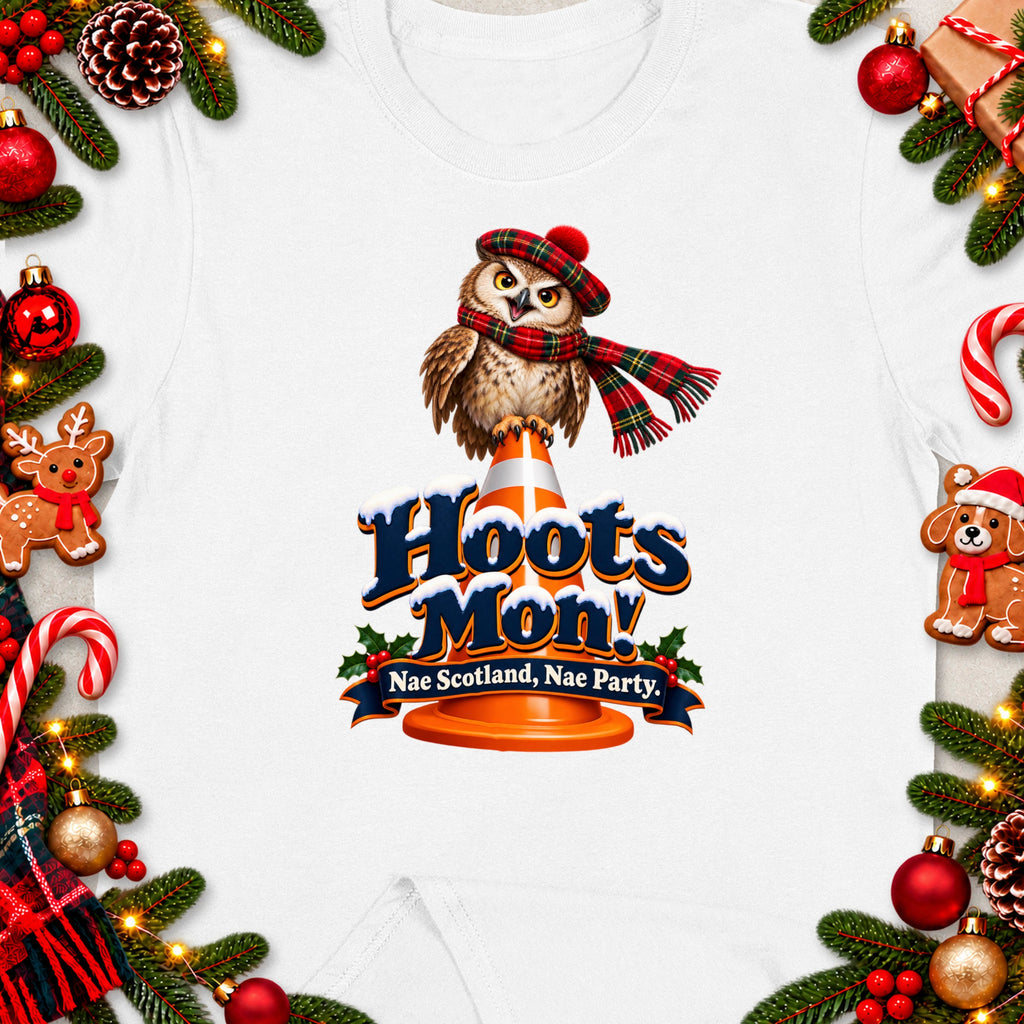 Owl in tartan hat and scarf on cone with "Hoots Mon! Nae Scotland, Nae Party." text.