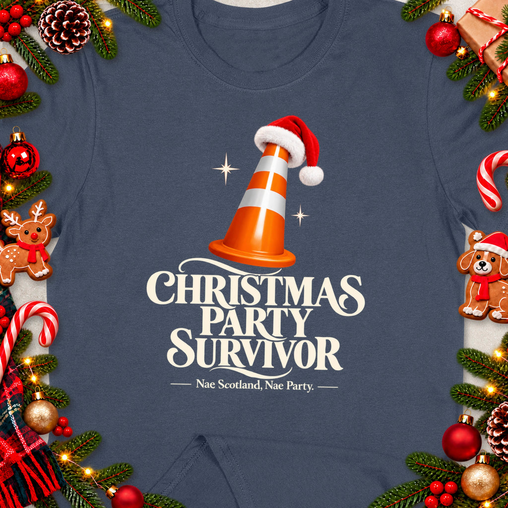 Christmas Party Survivor text with traffic cone wearing Santa hat on blue t-shirt.