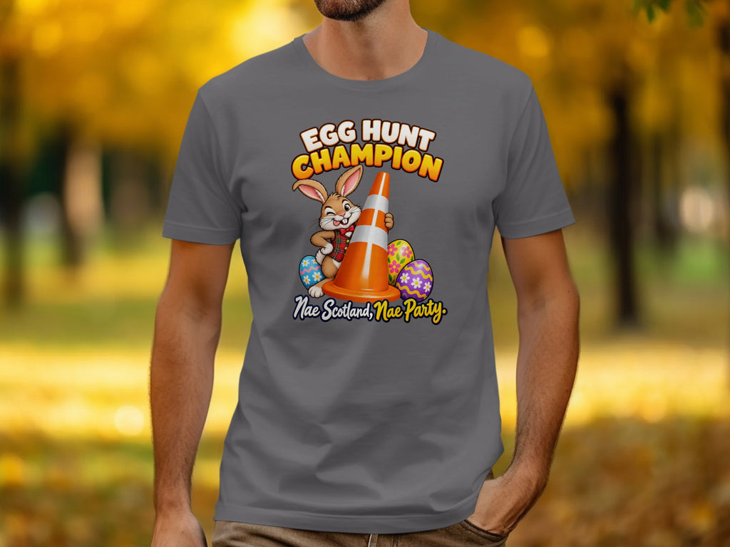 Rabbit with traffic cone and Easter eggs, "Egg Hunt Champion" and "Nae Scotland, Nae Party" text.