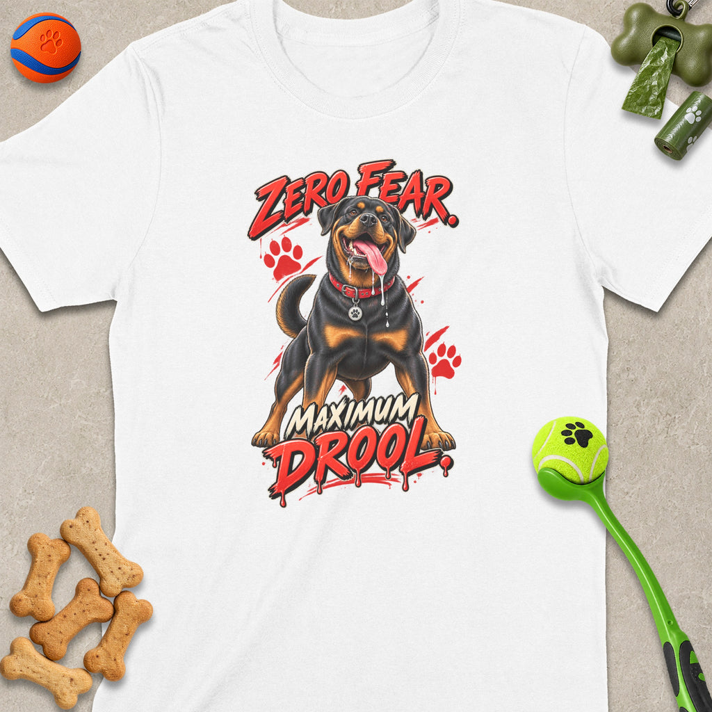 White t-shirt with Rottweiler graphic reading "Zero Fear Maximum Drool."