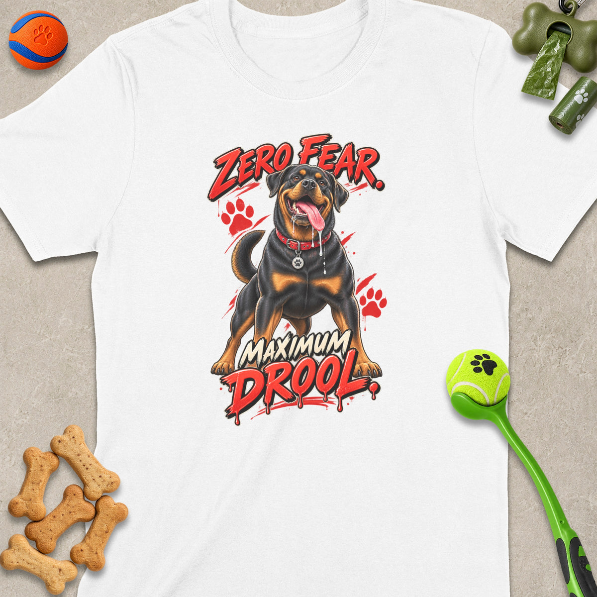 White t-shirt with Rottweiler graphic reading "Zero Fear Maximum Drool."