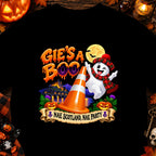 Ghost in Scottish attire with traffic cone and text "Gie's A Boo NAE SCOTLAND, NAE PARTY".