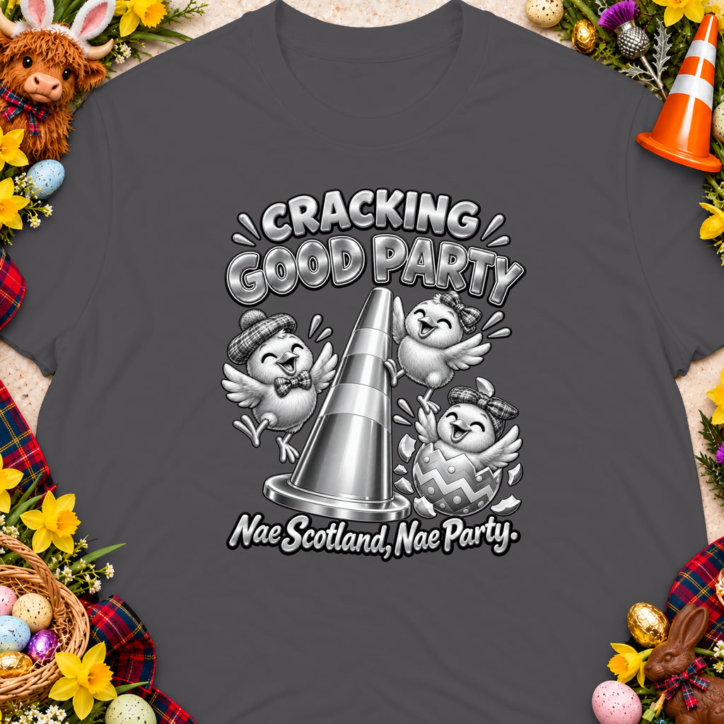 T-shirt with three cartoon chicks around a traffic cone, text says "Cracking Good Party. Nae Scotland, Nae Party."