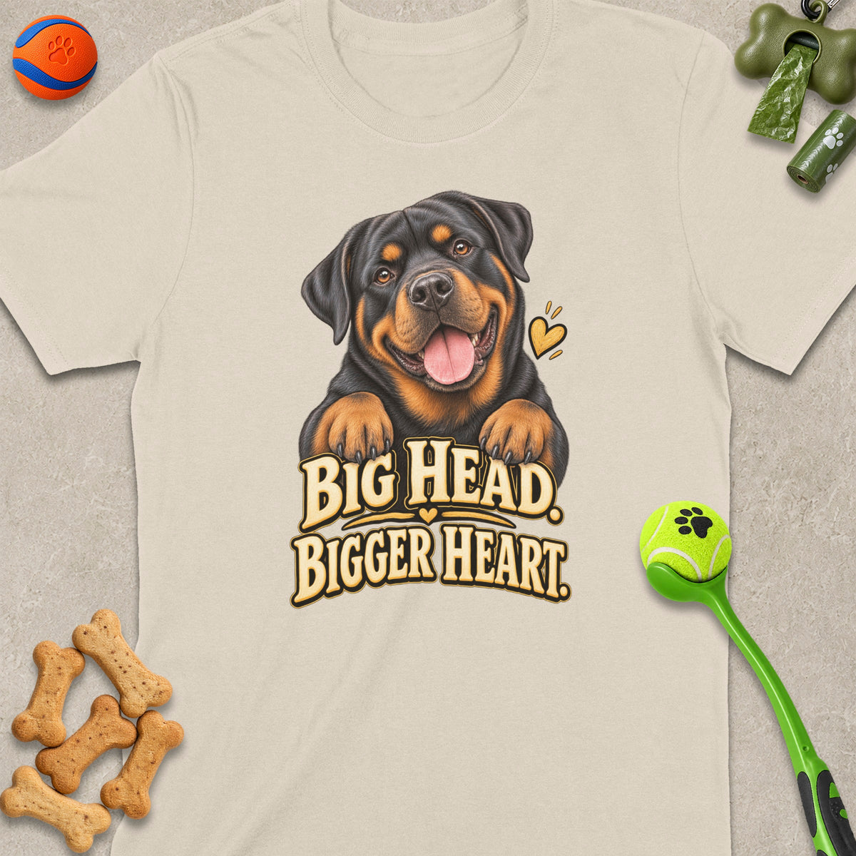 T-shirt featuring a happy Rottweiler with text "BIG HEAD. BIGGER HEART."