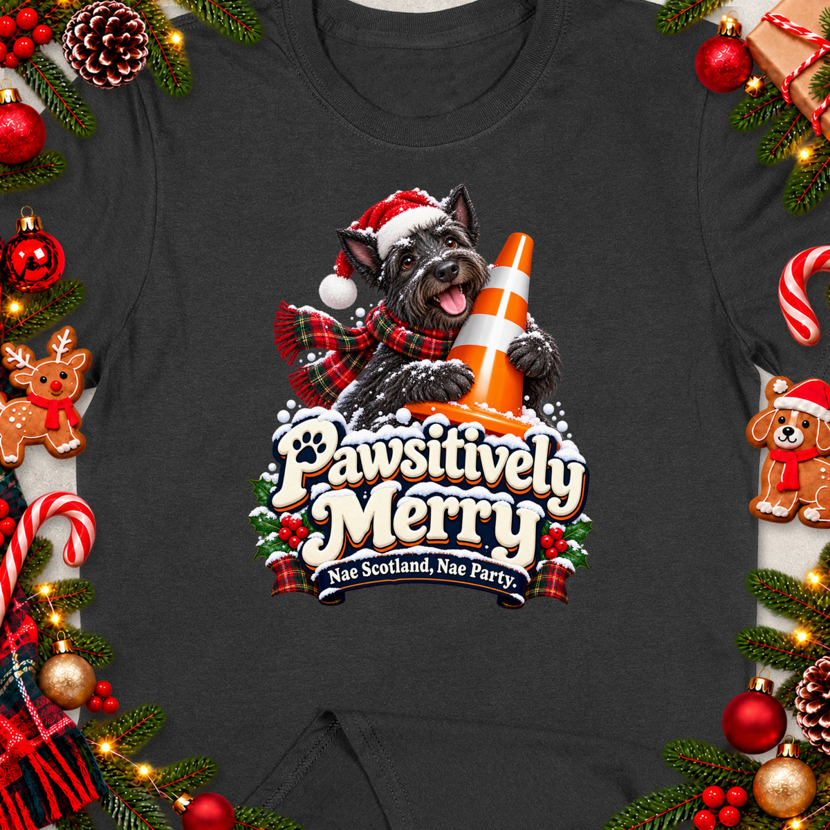 Dark t-shirt with a Christmas Scottie dog holding an orange cone, with text "Pawsitively Merry".