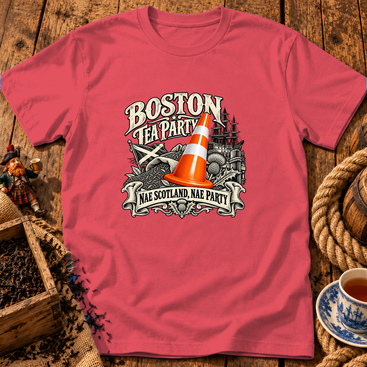 Pink t-shirt with a graphic of a traffic cone, Scottish flag, and text reading Boston Tea Party Nae Scotland, Nae Party.