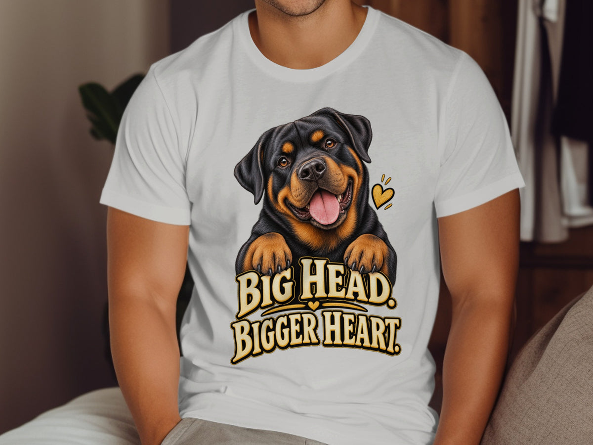 White t-shirt featuring a Rottweiler illustration with text "BIG HEAD. BIGGER HEART."