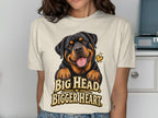 Rottweiler with text "BIG HEAD BIGGER HEART" and a heart graphic.