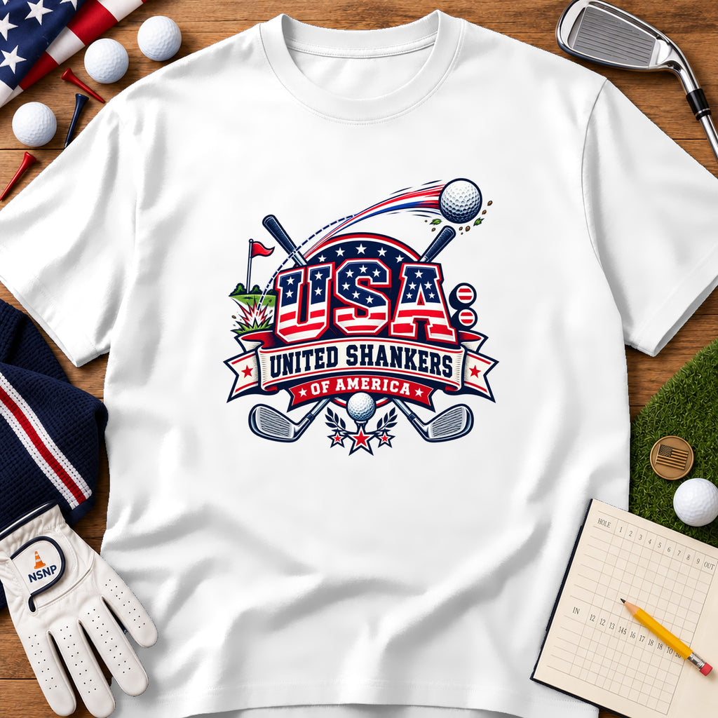 A white t-shirt featuring a red, white, and blue golf graphic with the text United Shankers of America.