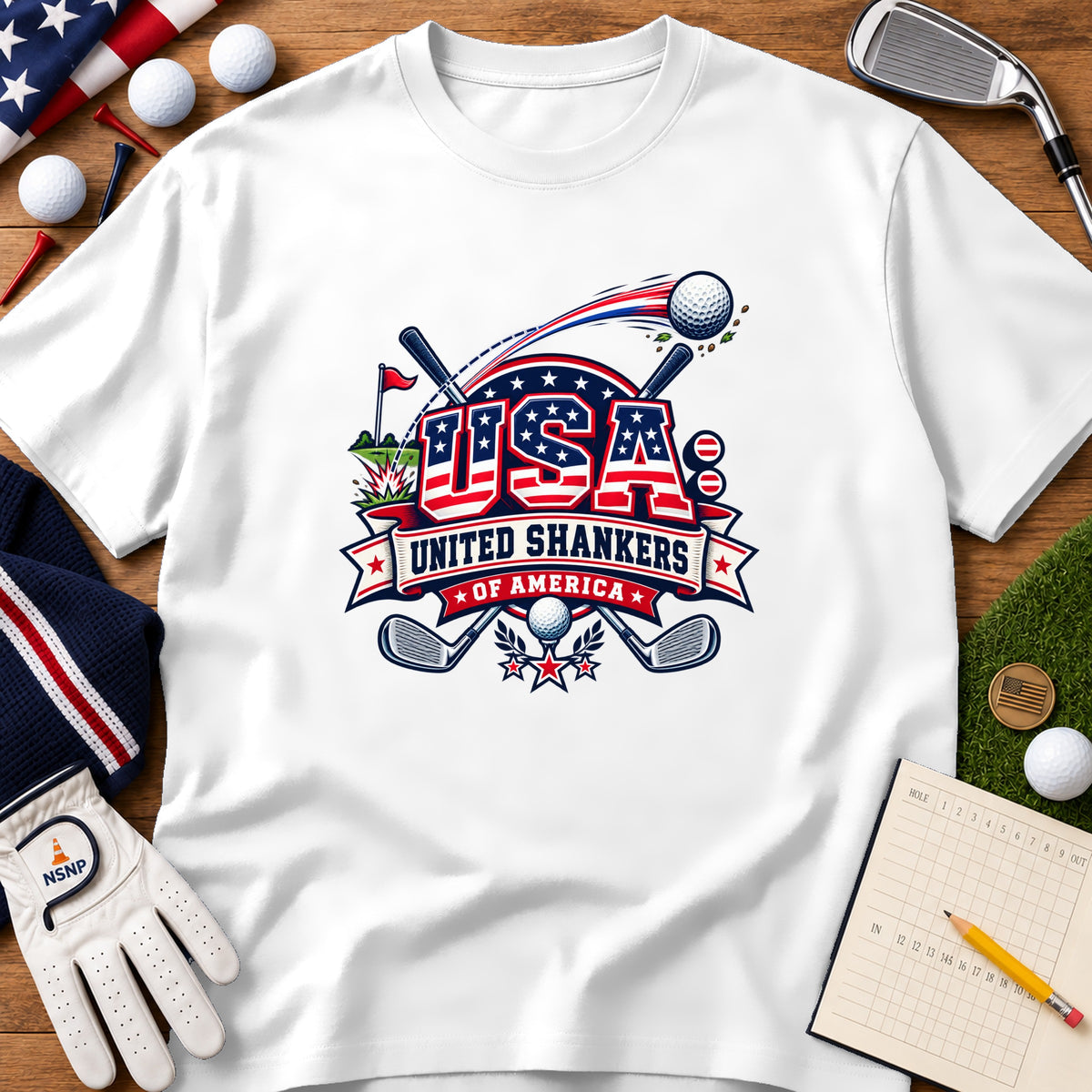 A white t-shirt featuring a red, white, and blue golf graphic with the text United Shankers of America.